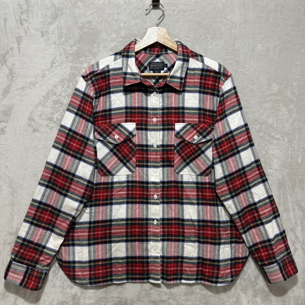Pendleton Flannel Womens Size XL Red & Black Plaid Elbow Patch Long Sleeve Shirt